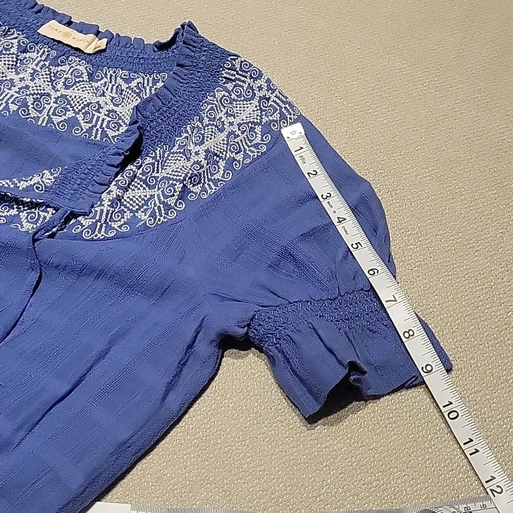 Tory Burch Nina Blouse Embroidery White Blue Peasant Cotton Western Boho Medium